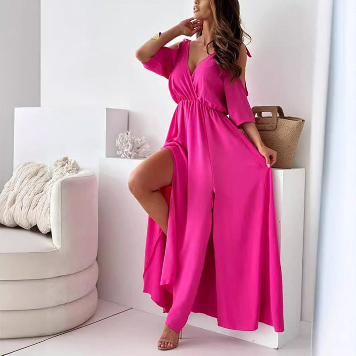 Shanae - Chic V-Neck Dress Featuring a Side Slit