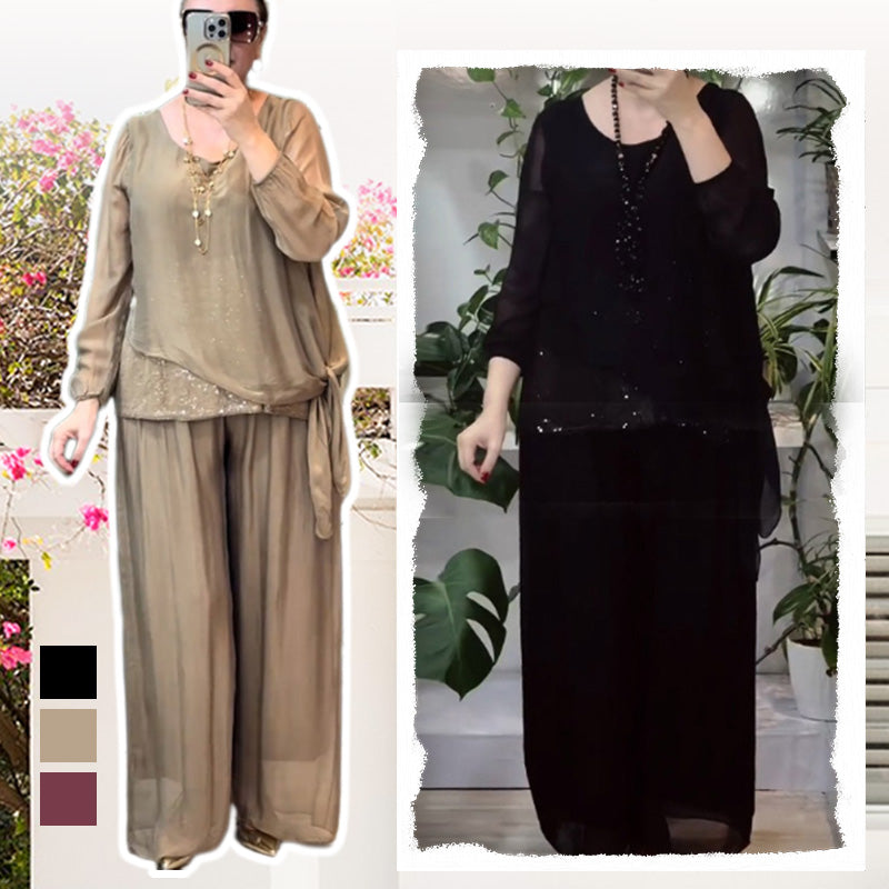 Thalia - Sequin Top and Wide-Leg Trousers Ensemble