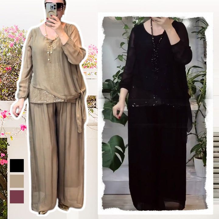 Thalia - Sequin Top and Wide-Leg Trousers Ensemble