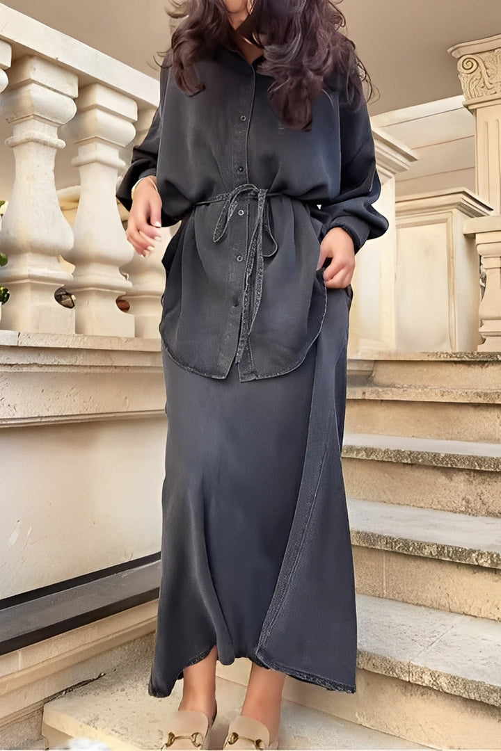 Evelore | Long-Sleeve Tie-Drawstring Shirt and Skirt Set - Effortless Elegance for Daily Confidence