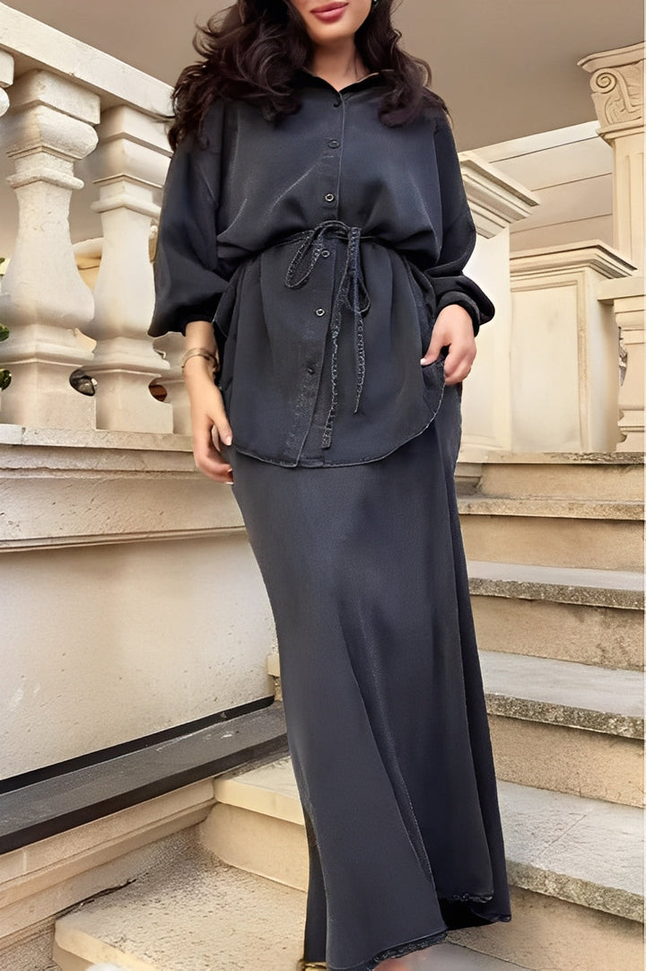 Evelore | Long-Sleeve Tie-Drawstring Shirt and Skirt Set - Effortless Elegance for Daily Confidence